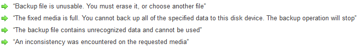 Backup file is unusable, The fixed media is full, The backup file contains unrecognized data and cannot be used, An inconsistency was encountered on the requested media